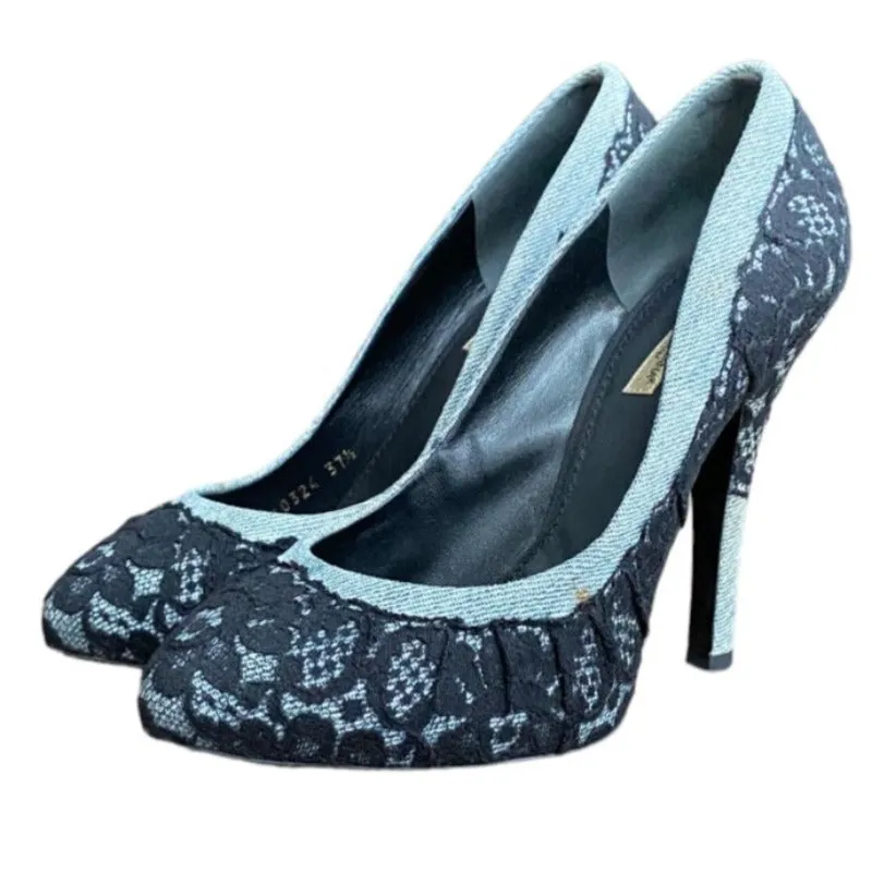 DOLCE & GABBANA Black/Light Blue Lace and Denim Hidden Platform Pumps, Size 37.5