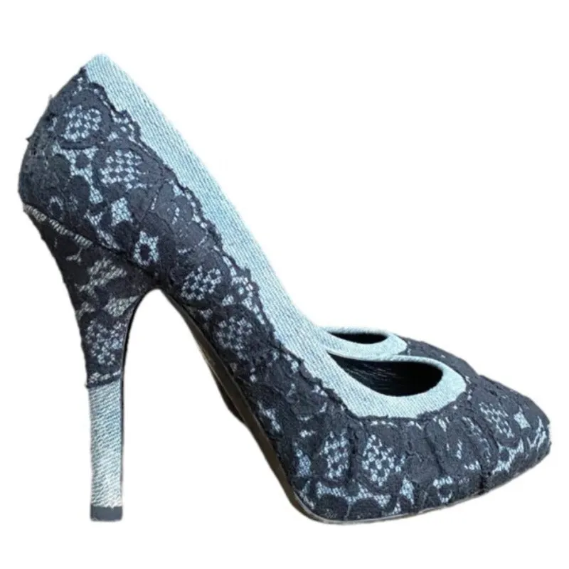 DOLCE & GABBANA Black/Light Blue Lace and Denim Hidden Platform Pumps, Size 37.5