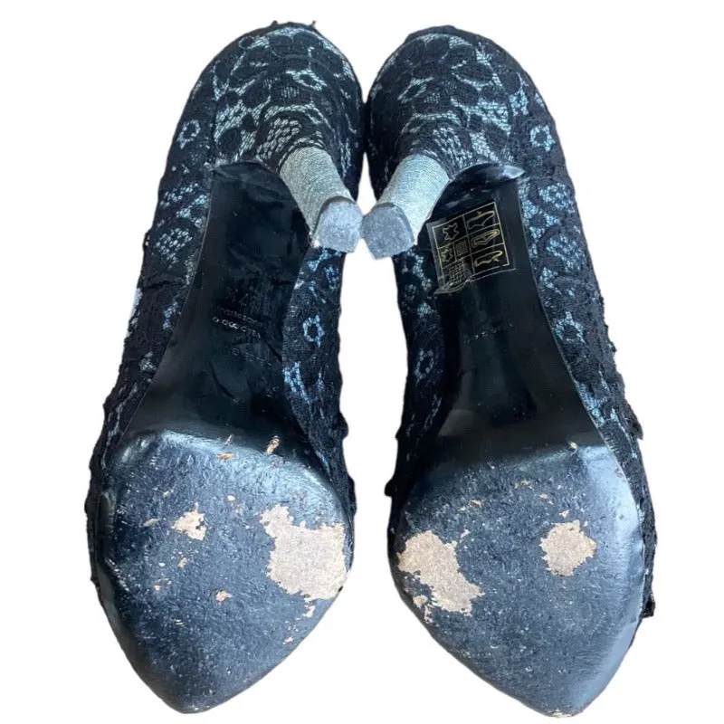 DOLCE & GABBANA Black/Light Blue Lace and Denim Hidden Platform Pumps, Size 37.5