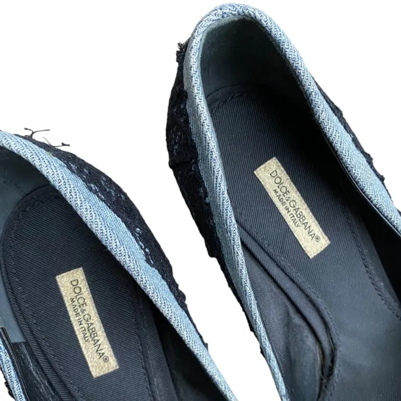 DOLCE & GABBANA Black/Light Blue Lace and Denim Hidden Platform Pumps, Size 37.5