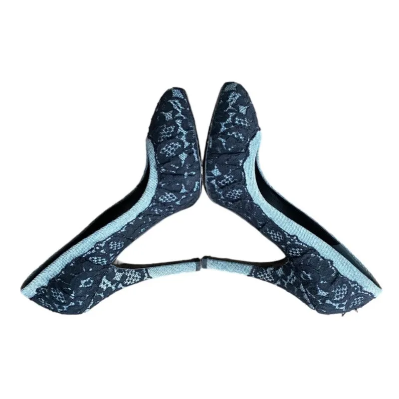 DOLCE & GABBANA Black/Light Blue Lace and Denim Hidden Platform Pumps, Size 37.5