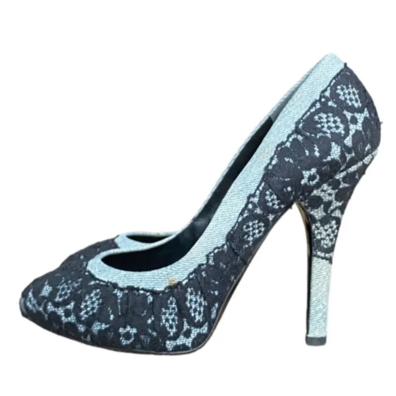 DOLCE & GABBANA Black/Light Blue Lace and Denim Hidden Platform Pumps, Size 37.5