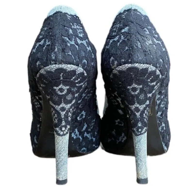 DOLCE & GABBANA Black/Light Blue Lace and Denim Hidden Platform Pumps, Size 37.5