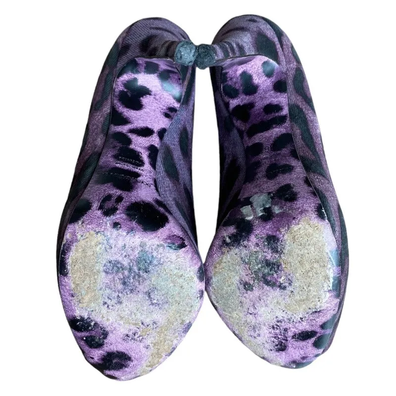 DOLCE & GABBANA Purple/Black Leopard Print Denim Peep Toe Pumps, Size 36.5