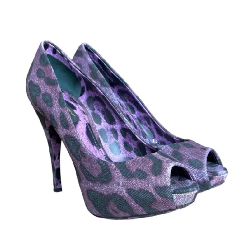 DOLCE & GABBANA Purple/Black Leopard Print Denim Peep Toe Pumps, Size 36.5
