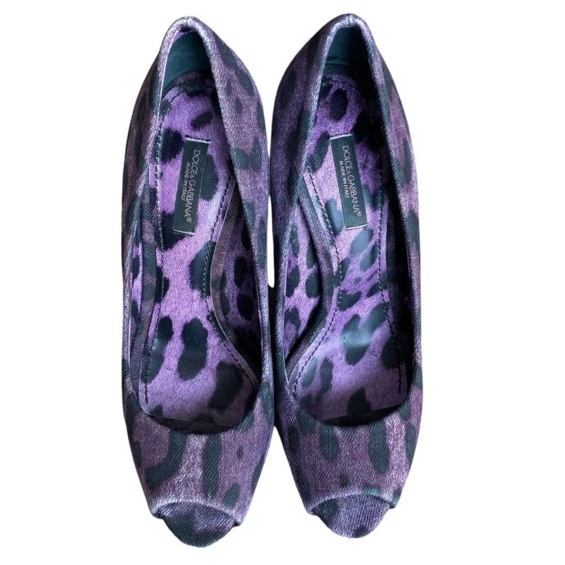DOLCE & GABBANA Purple/Black Leopard Print Denim Peep Toe Pumps, Size 36.5