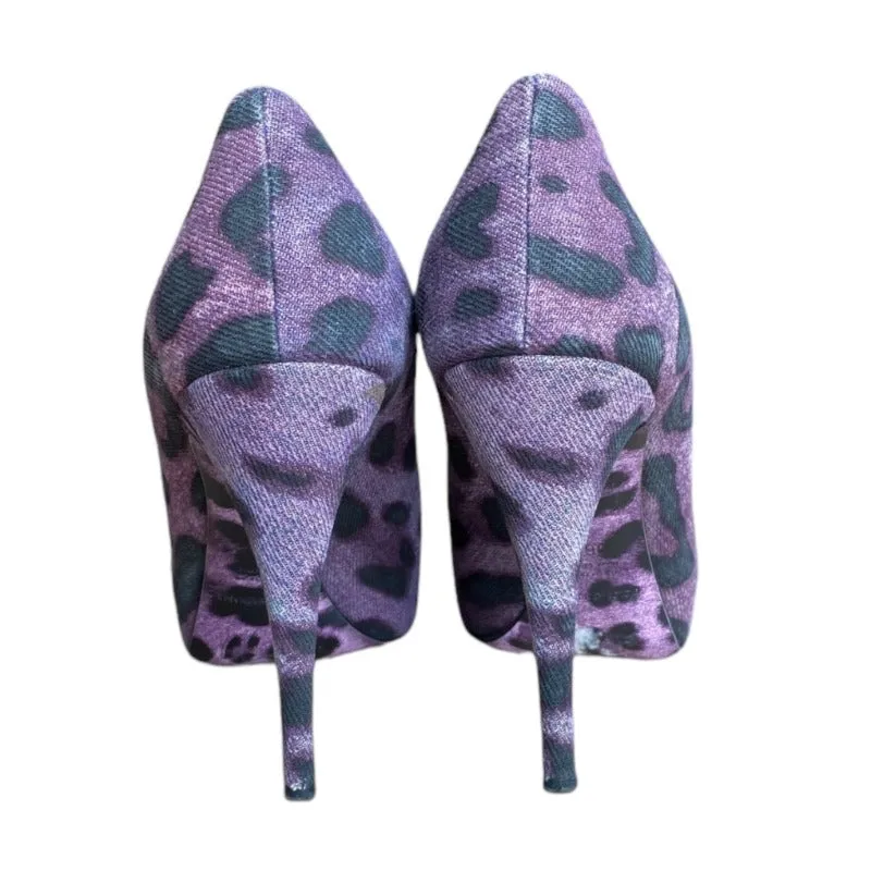 DOLCE & GABBANA Purple/Black Leopard Print Denim Peep Toe Pumps, Size 36.5