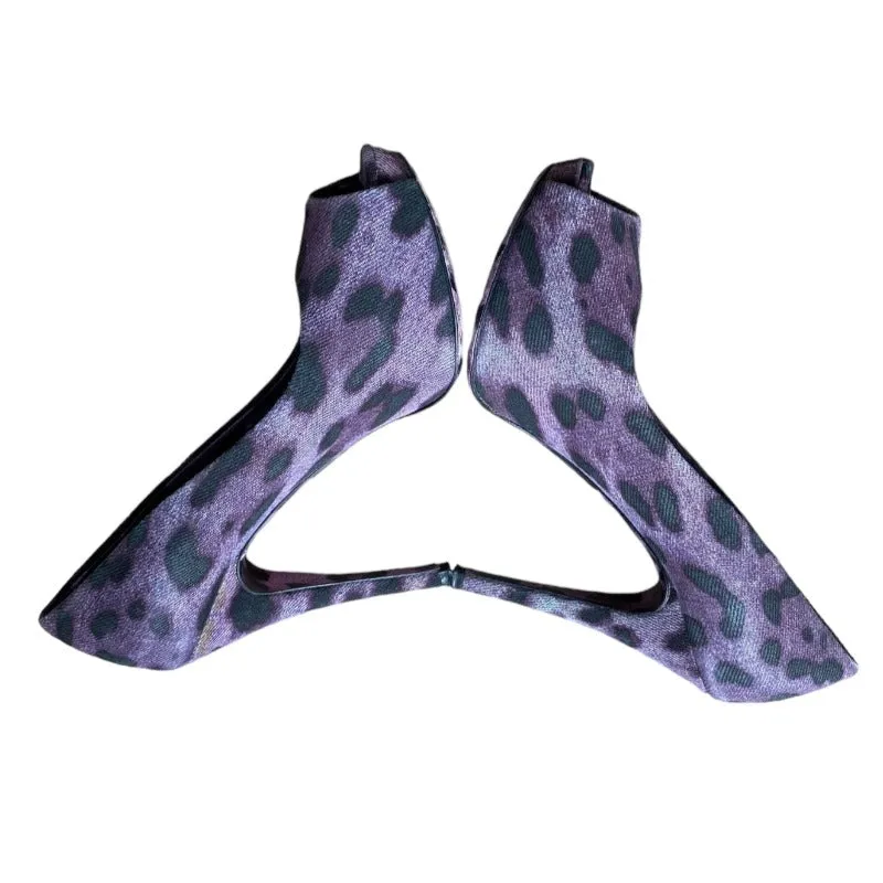 DOLCE & GABBANA Purple/Black Leopard Print Denim Peep Toe Pumps, Size 36.5