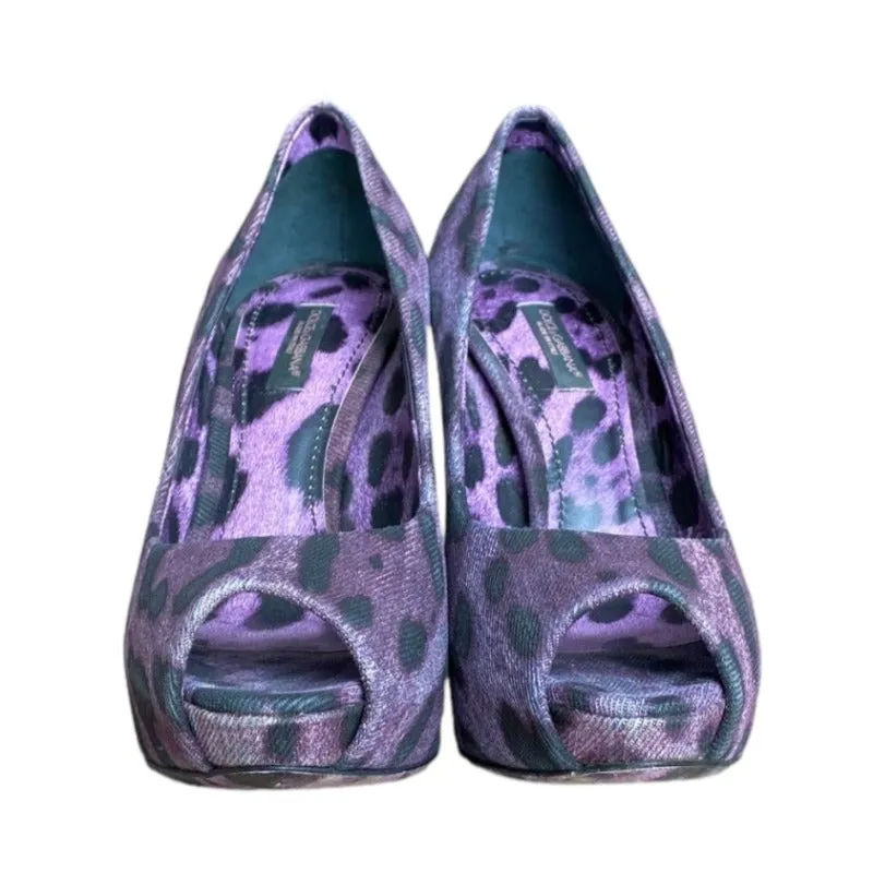 DOLCE & GABBANA Purple/Black Leopard Print Denim Peep Toe Pumps, Size 36.5