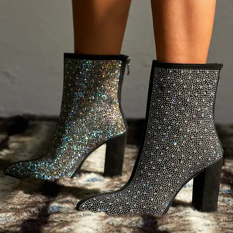 Fashionable Rhinestone Embellishments for Winter Pointed toe Chunky High Heel Plus Size Short Boots