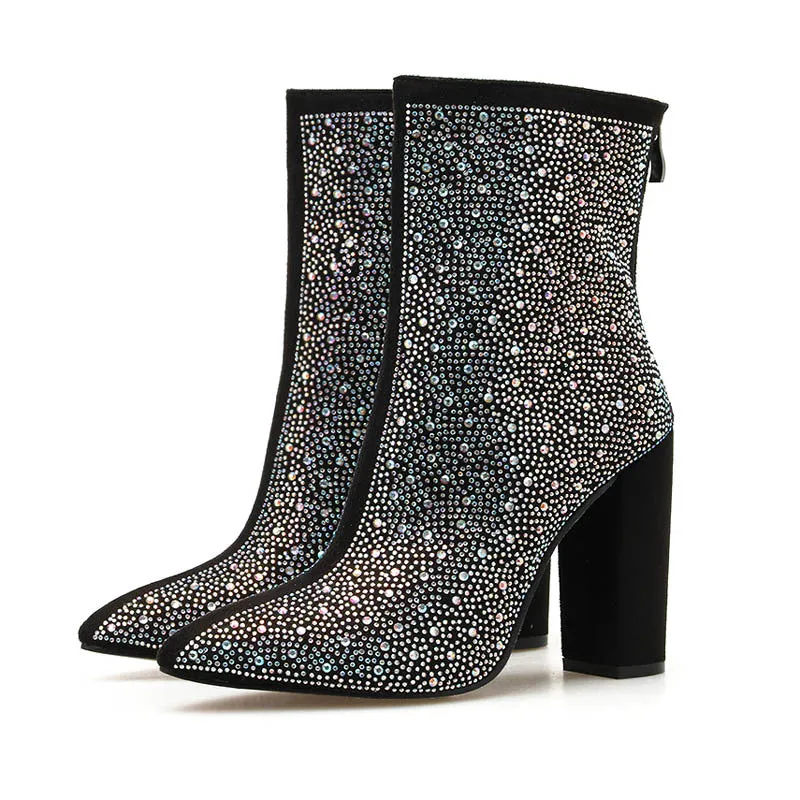 Fashionable Rhinestone Embellishments for Winter Pointed toe Chunky High Heel Plus Size Short Boots
