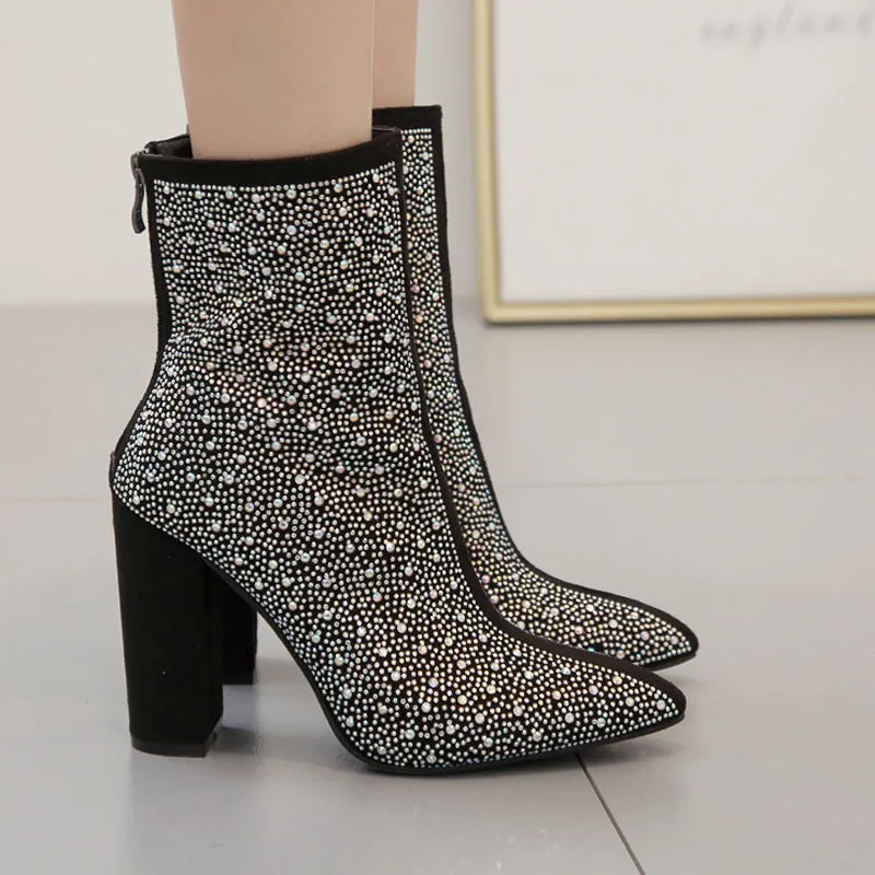 Fashionable Rhinestone Embellishments for Winter Pointed toe Chunky High Heel Plus Size Short Boots