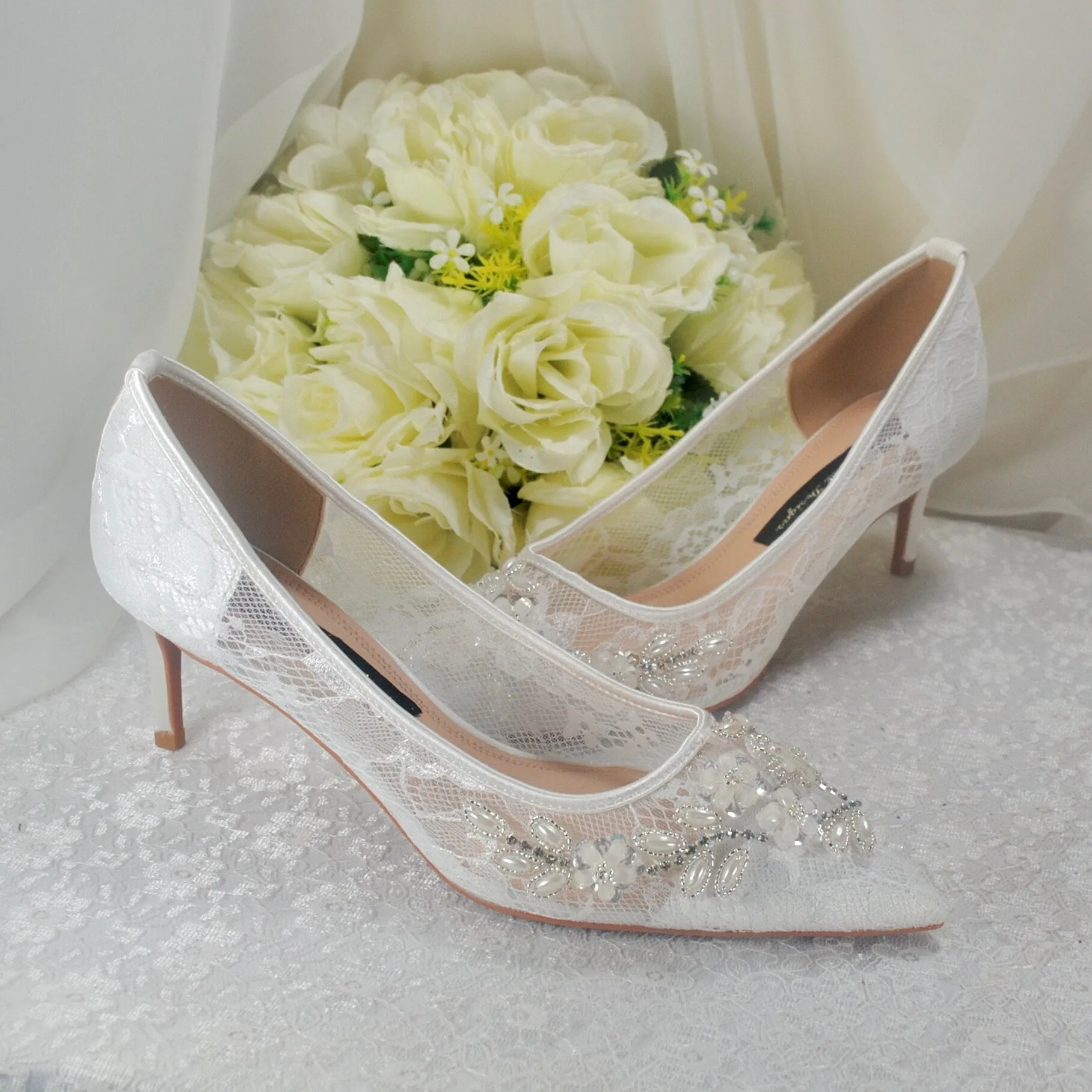 Floral Beaded Lace Heels UK7/US9.5