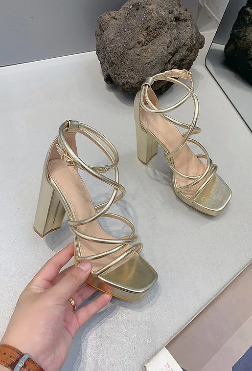 High Heels With Strap -Gold