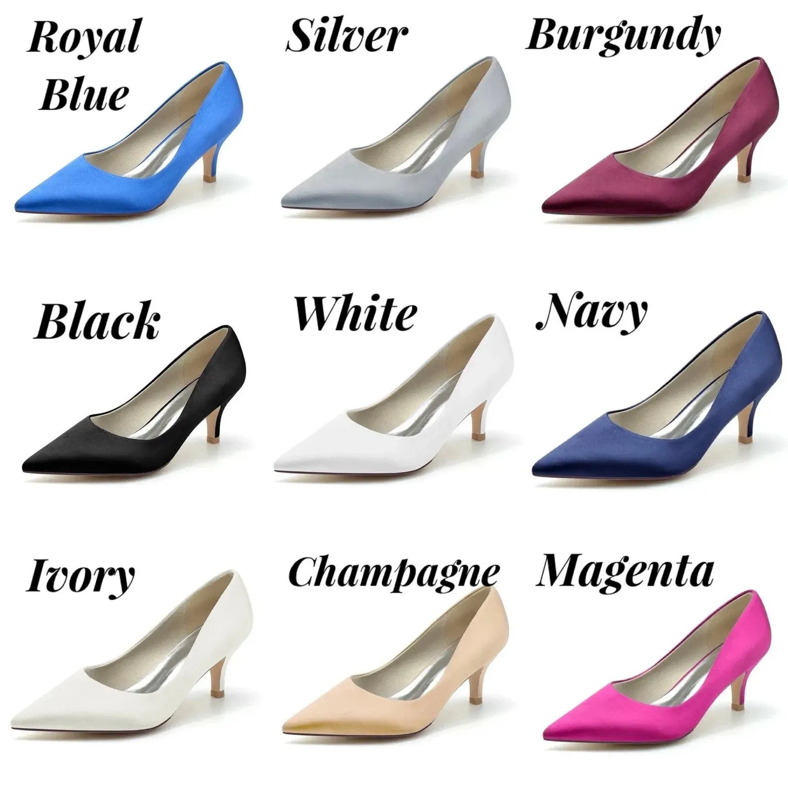 Kitten Heel Satin Bridal Shoes with Designer Square Crystal Shoe Clip - Other Colours