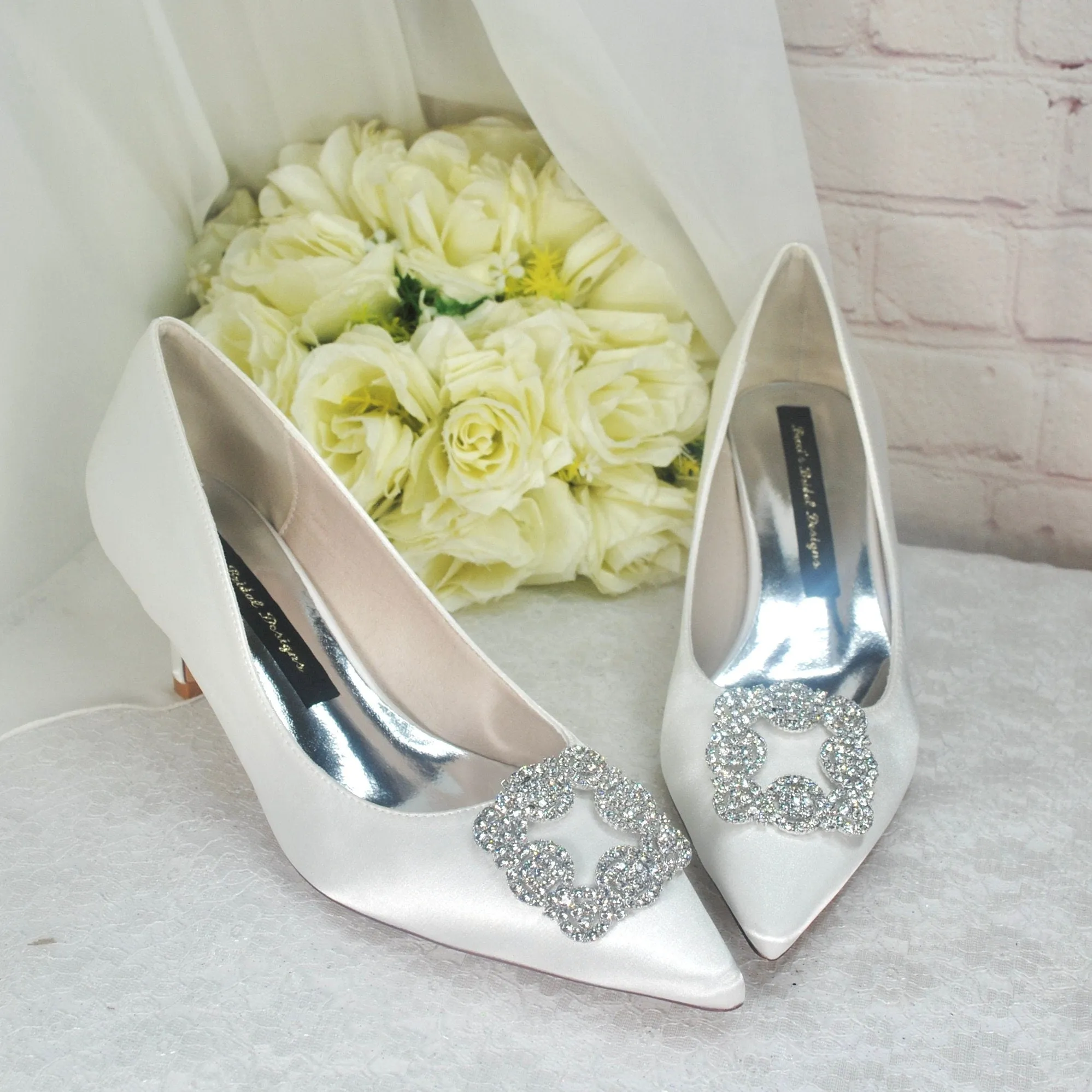 Kitten Heel Satin Bridal Shoes with Designer Square Crystal Shoe Clip - Other Colours
