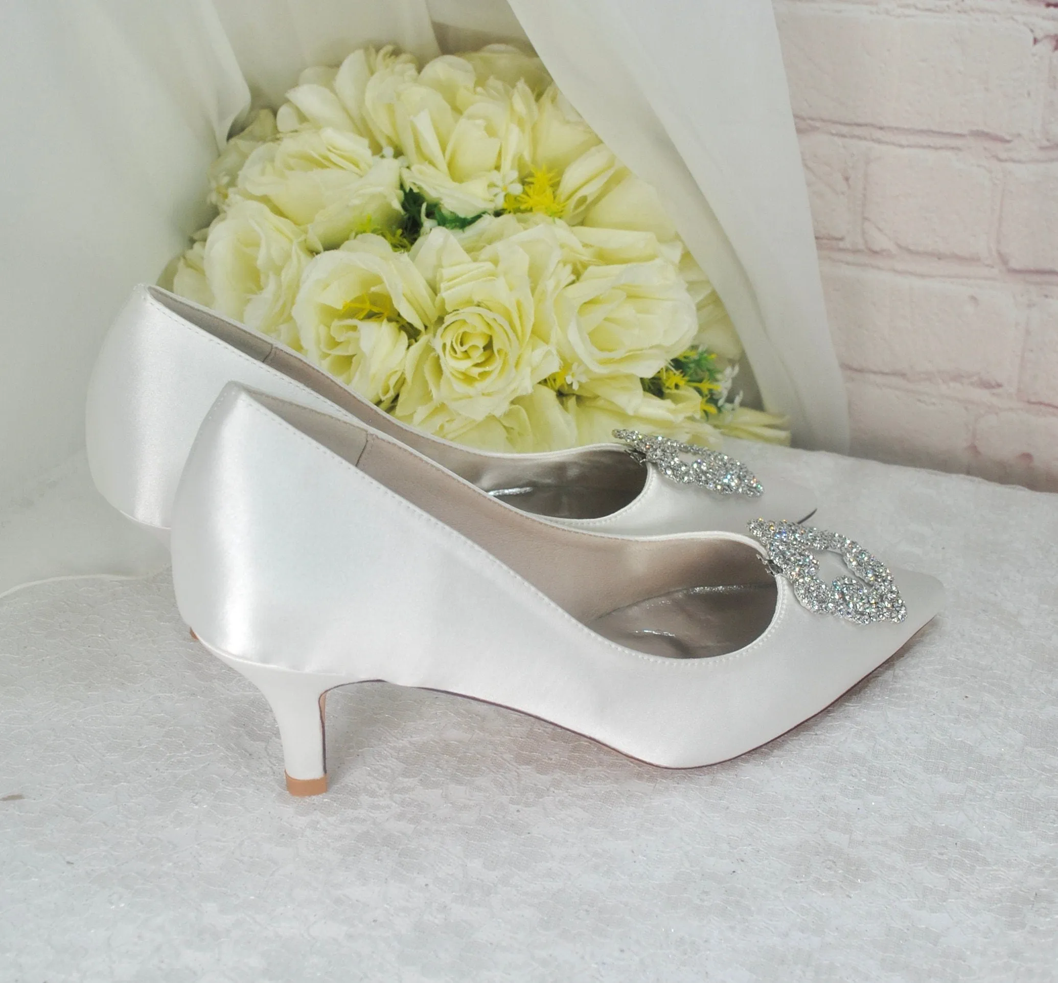 Kitten Heel Satin Bridal Shoes with Designer Square Crystal Shoe Clip - Other Colours