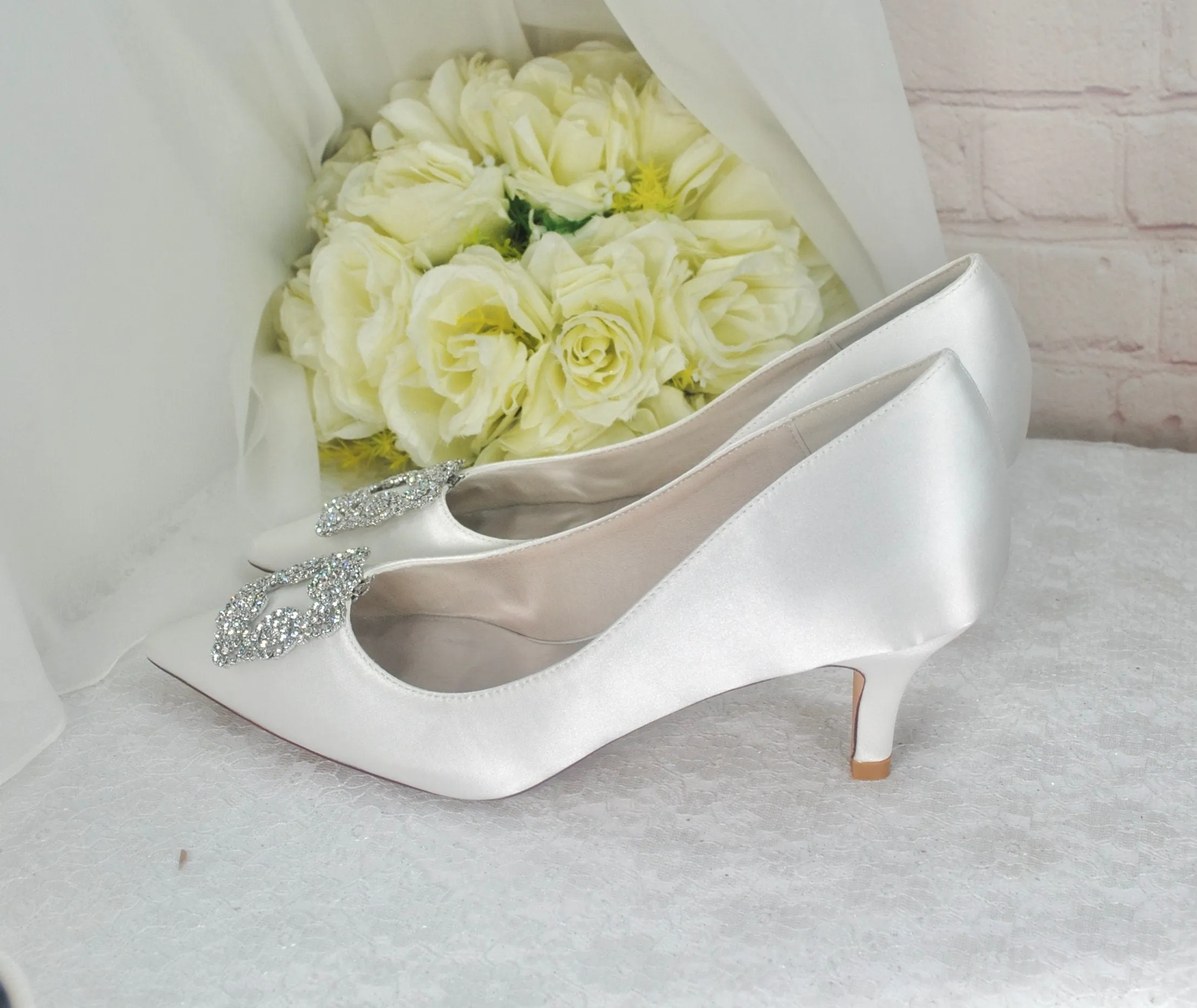 Kitten Heel Satin Bridal Shoes with Designer Square Crystal Shoe Clip - Other Colours
