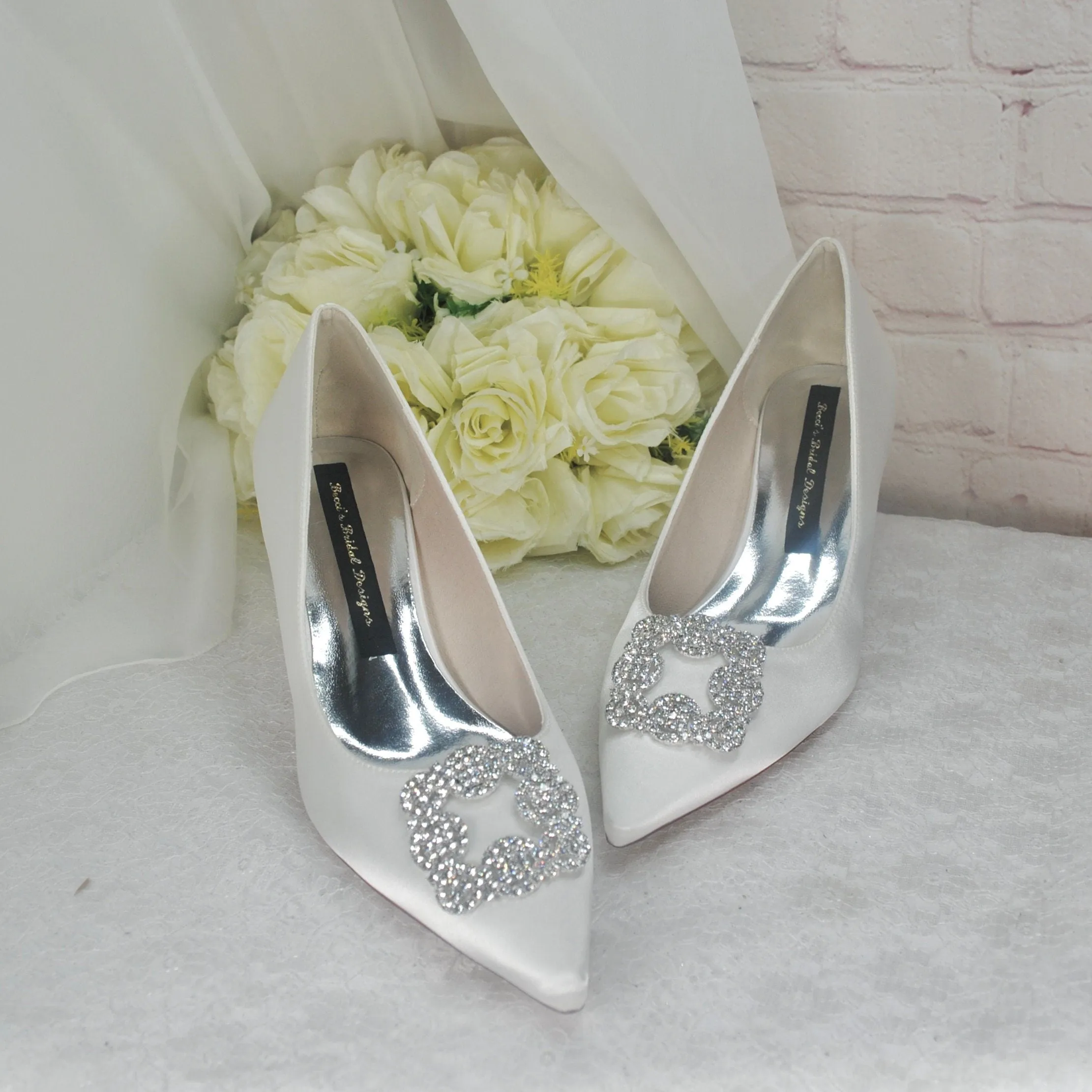 Kitten Heel Satin Bridal Shoes with Designer Square Crystal Shoe Clip - Other Colours