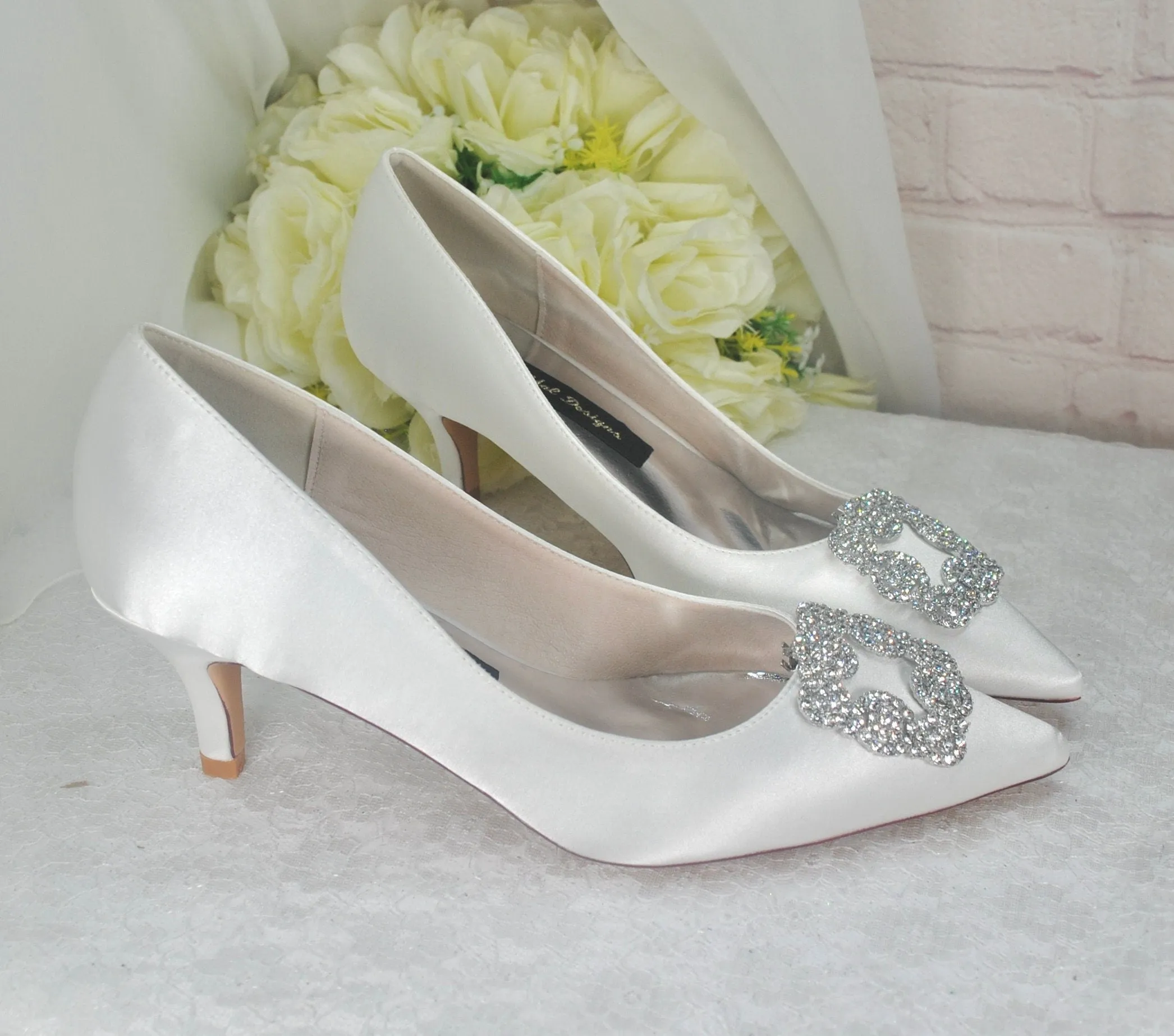 Kitten Heel Satin Bridal Shoes with Designer Square Crystal Shoe Clip - Other Colours