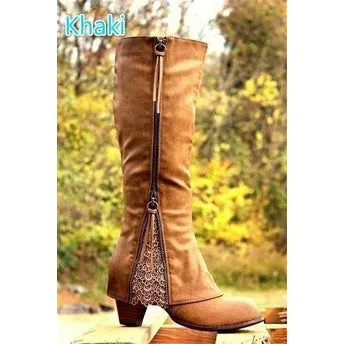 Lace PU Patchwork Side Zipper Chunky Low Heels Knee Boots