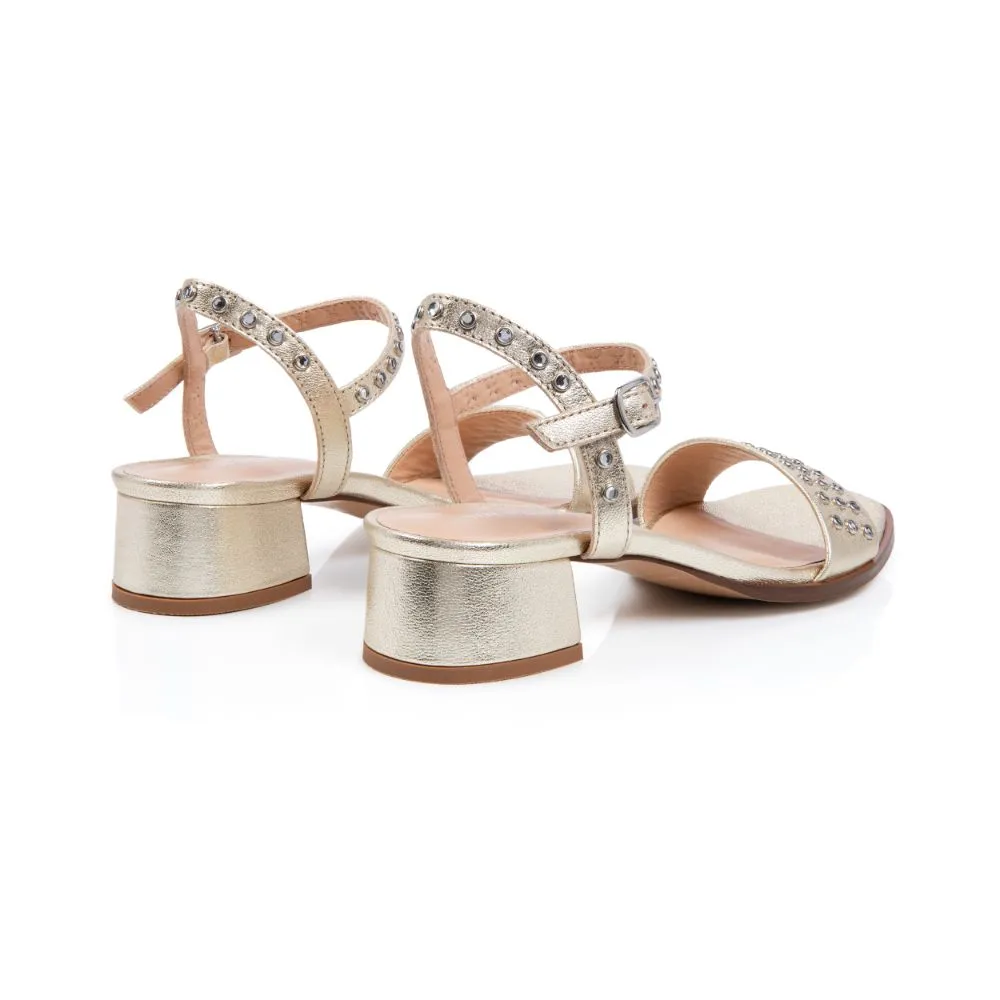 Michelle: Gold Leather Studded Low Block Heel Sandals