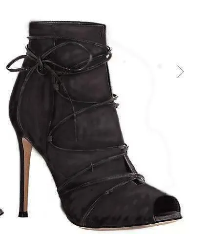 Peep Toe Strap High Heel Suede Ankle Boots