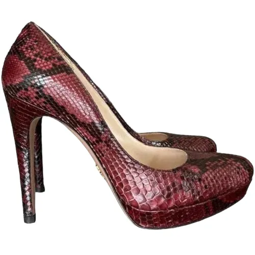PRADA Burgundy Python Leather Round Toe Platform Pumps, Size 37.5