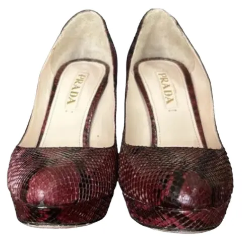 PRADA Burgundy Python Leather Round Toe Platform Pumps, Size 37.5