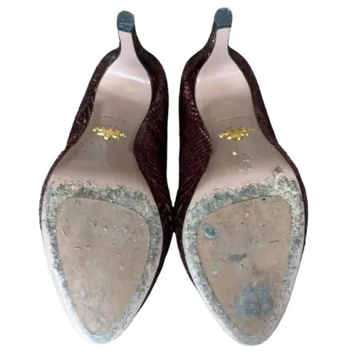 PRADA Burgundy Python Leather Round Toe Platform Pumps, Size 37.5