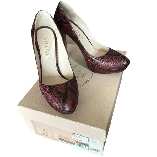 PRADA Burgundy Python Leather Round Toe Platform Pumps, Size 37.5