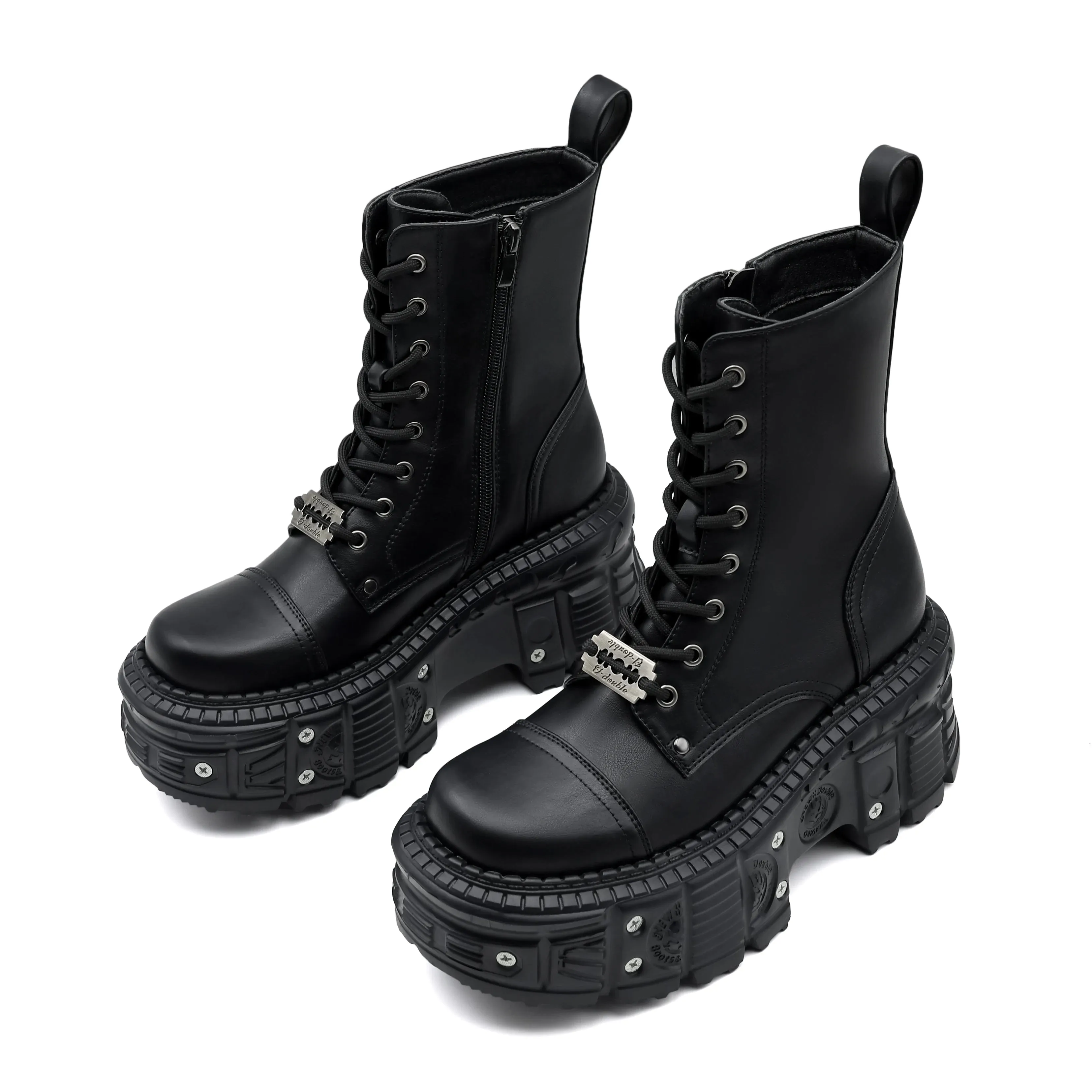 Punk Platform Ankle Boots for Women – Retro Chunky Lace-Up Motorcycle Boots with Metal Decor