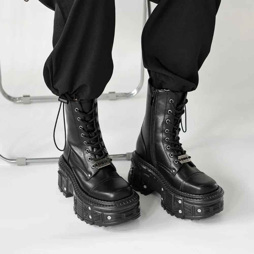 Punk Platform Ankle Boots for Women – Retro Chunky Lace-Up Motorcycle Boots with Metal Decor