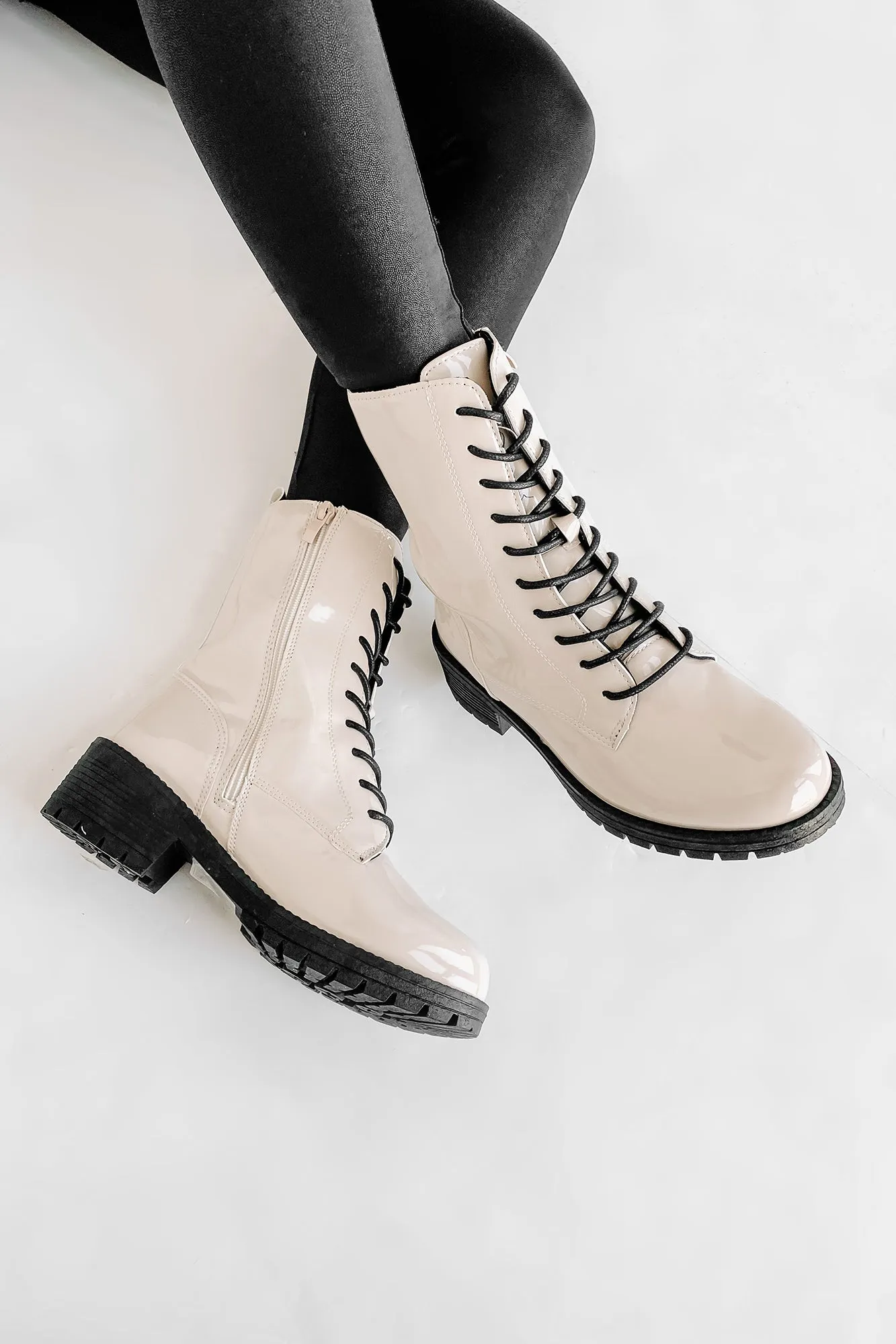 Rules Don't Apply Patent Leather Lace-Up Combat Boots (Stone Patent)