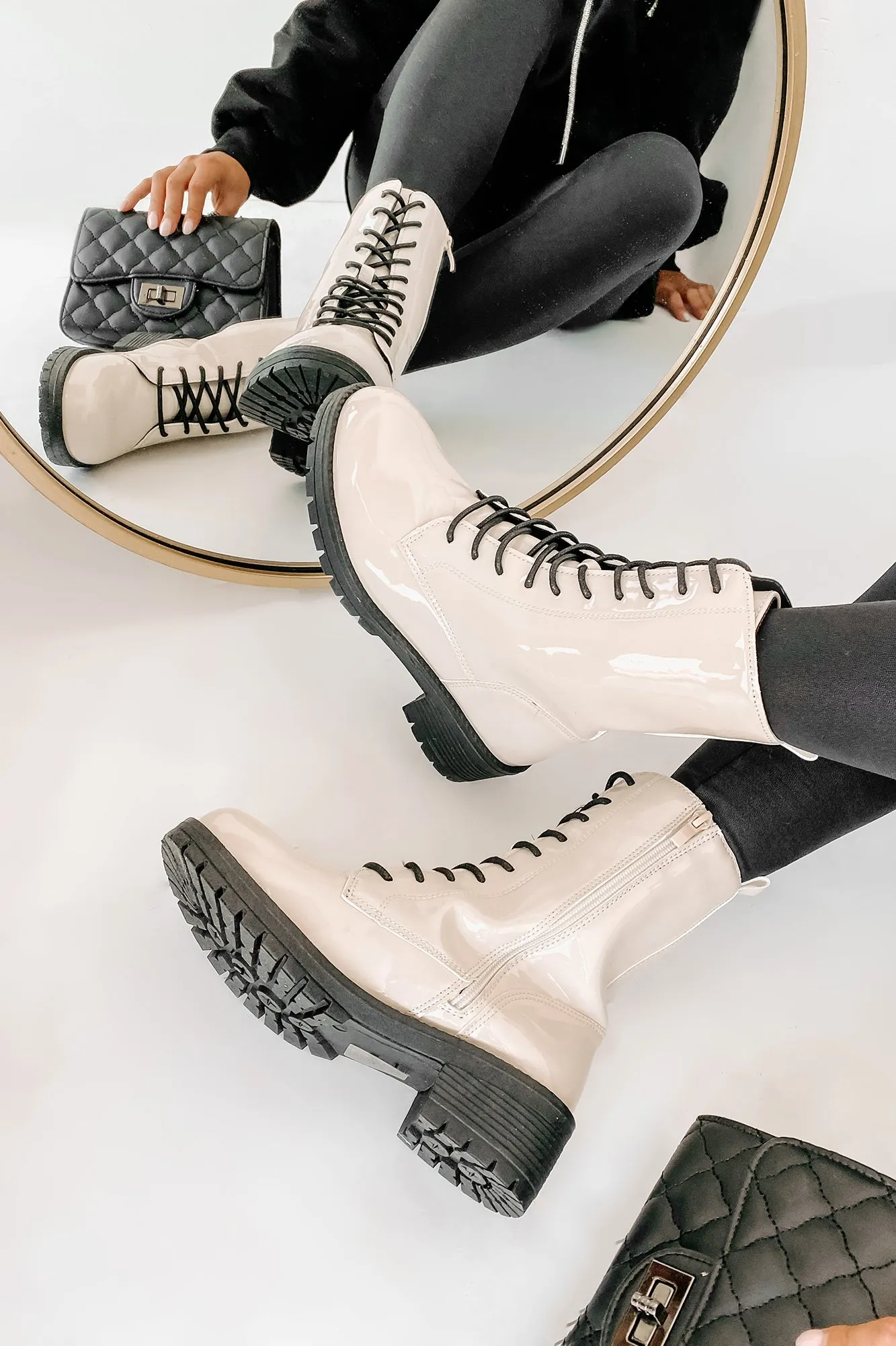 Rules Don't Apply Patent Leather Lace-Up Combat Boots (Stone Patent)