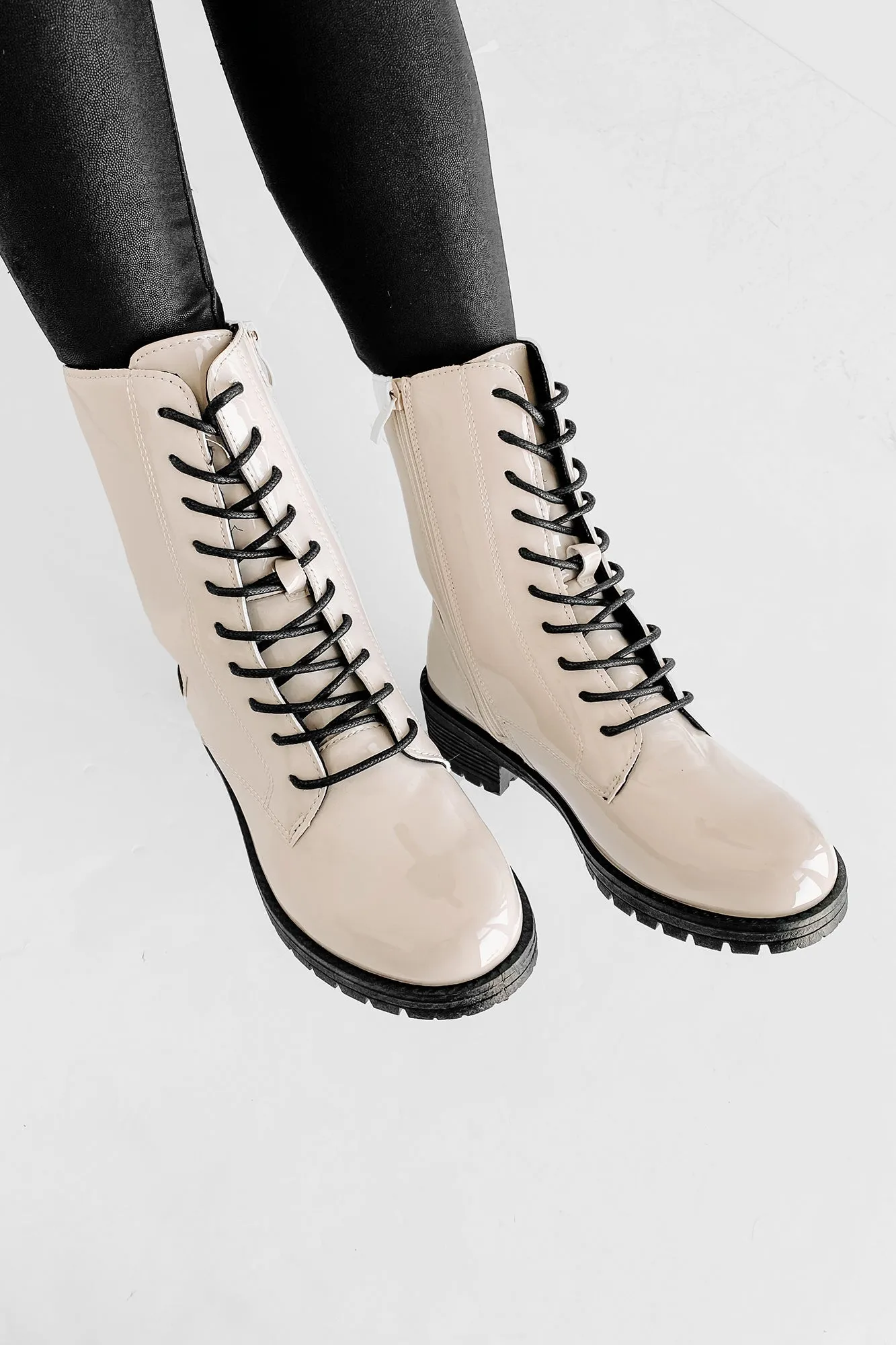 Rules Don't Apply Patent Leather Lace-Up Combat Boots (Stone Patent)
