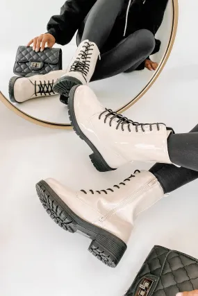 Rules Don't Apply Patent Leather Lace-Up Combat Boots (Stone Patent)