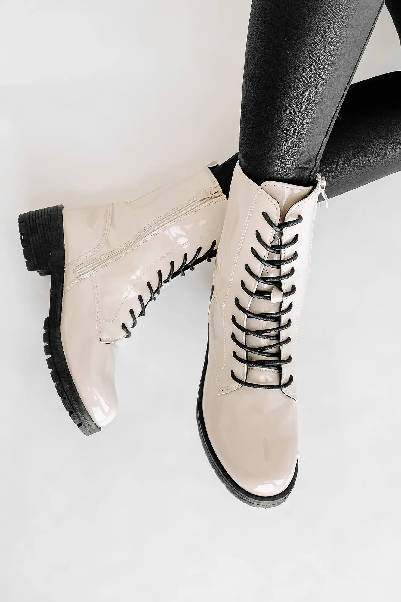 Rules Don't Apply Patent Leather Lace-Up Combat Boots (Stone Patent)