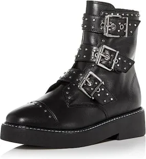 Schutz Caligas Black Studded Buckled Straps Side Zipper Round Toe Combat Boots