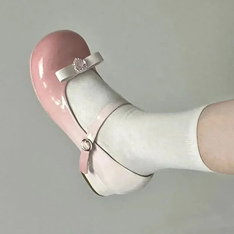 Sohiwoo Crystal Bowtie Pink Mary Jean Lolita Shoes Women 2024 Spring Patent Leather Low Heels Pumps Woman Japan Round Toe Cosplay Shoes