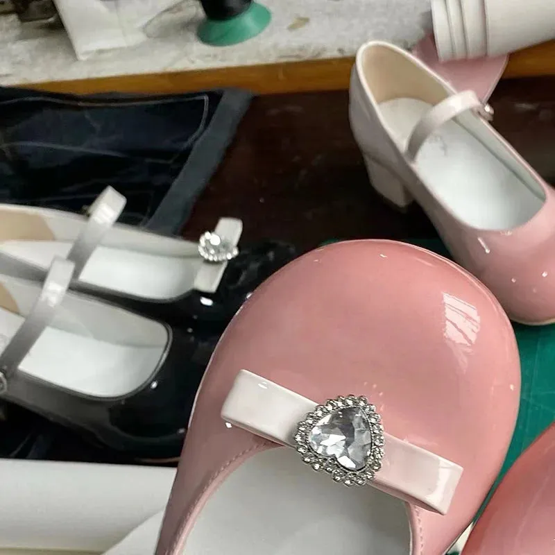 Sohiwoo Crystal Bowtie Pink Mary Jean Lolita Shoes Women 2024 Spring Patent Leather Low Heels Pumps Woman Japan Round Toe Cosplay Shoes