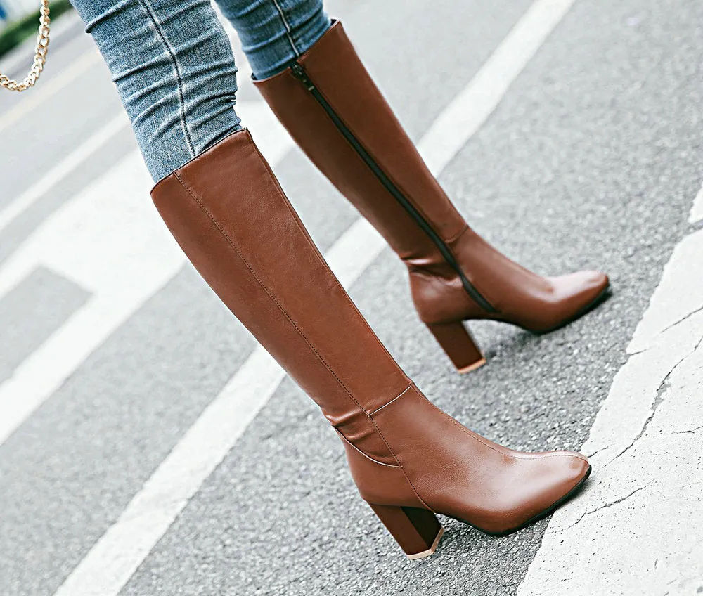 Stylish Chunky High Heels and Square Toes Boots
