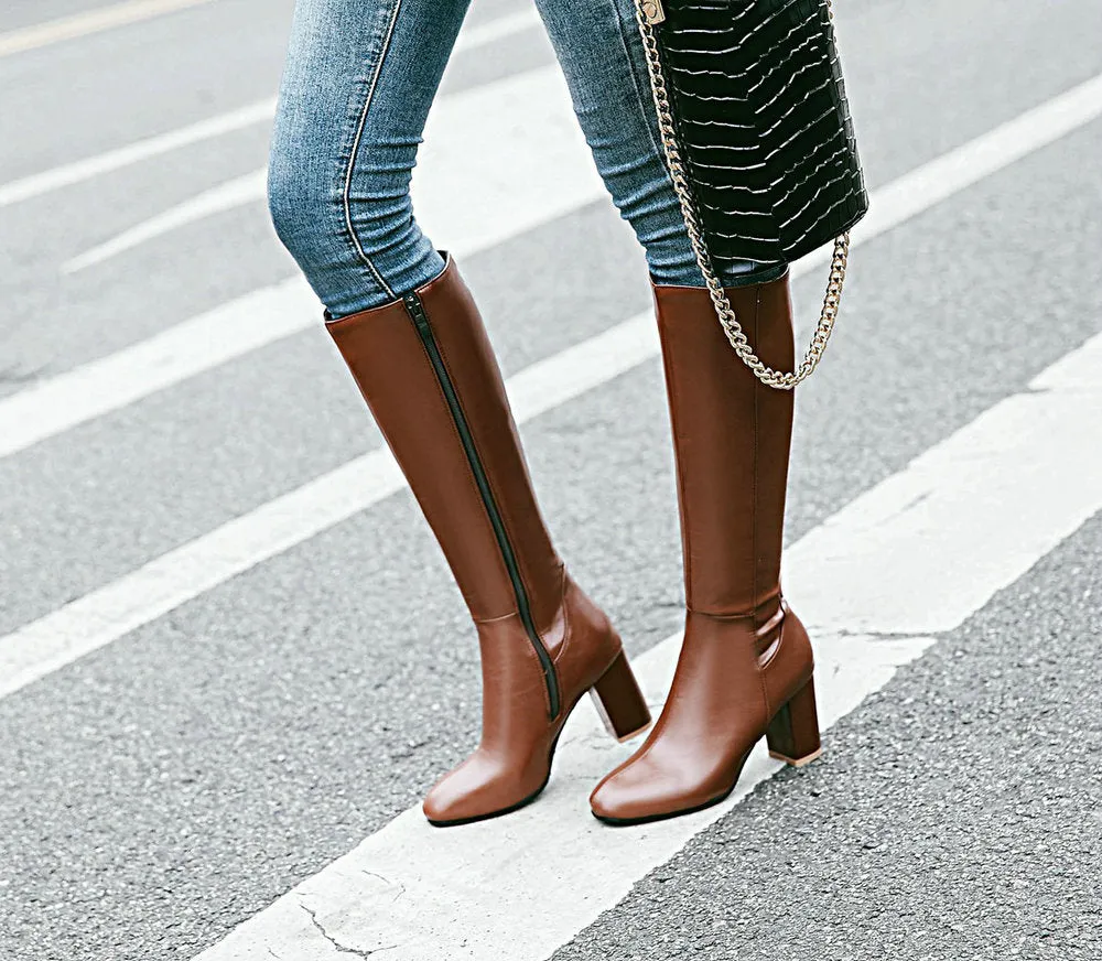 Stylish Chunky High Heels and Square Toes Boots