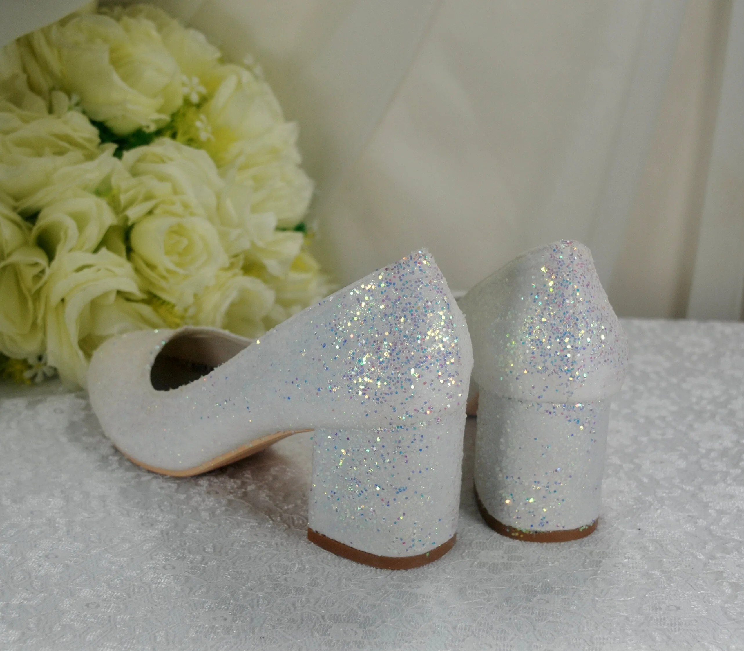 White Sparkling Glitter Wedding Block Heels Bridal Shoes - Size UK5 / US7.5