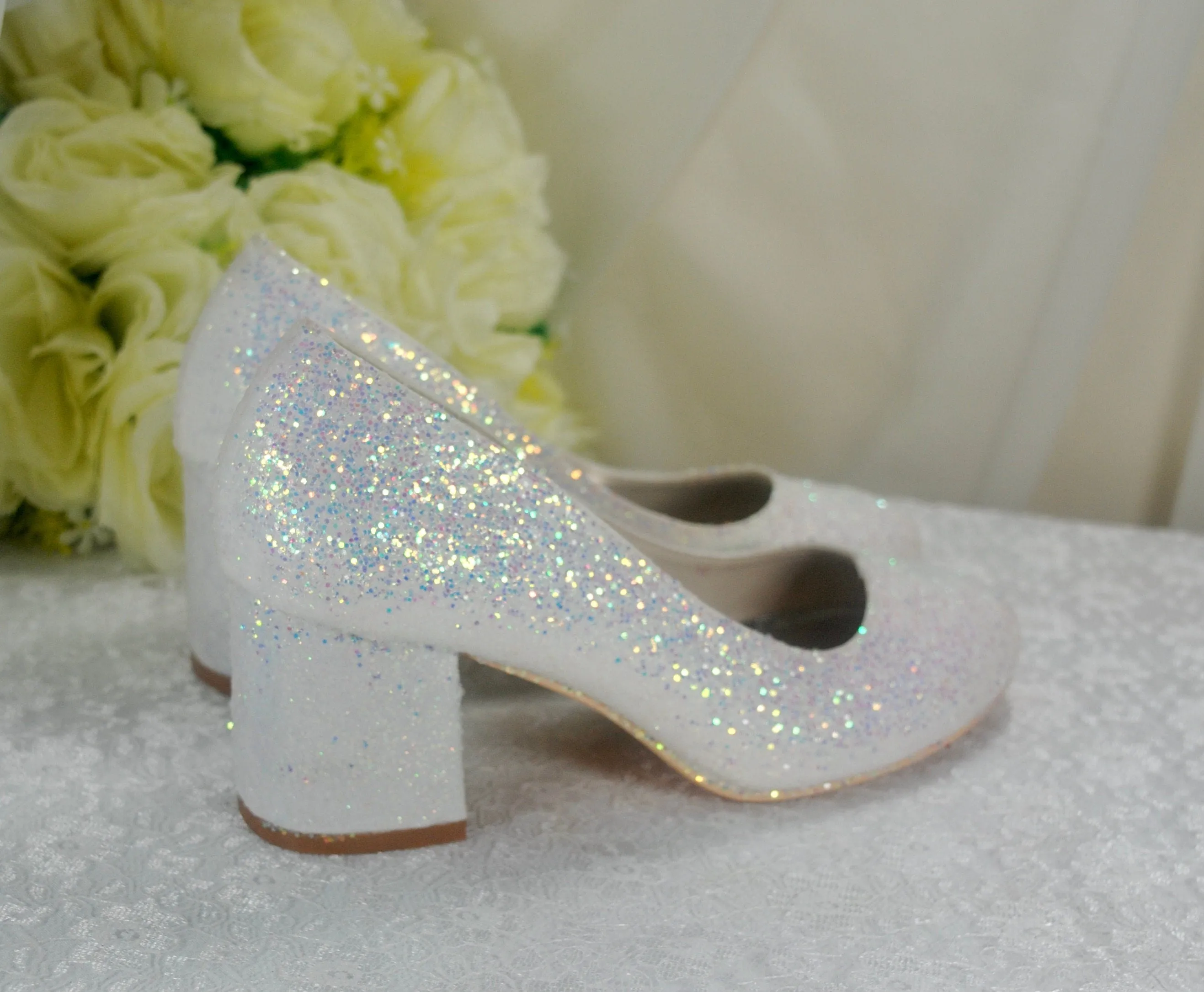 White Sparkling Glitter Wedding Block Heels Bridal Shoes - Size UK5 / US7.5