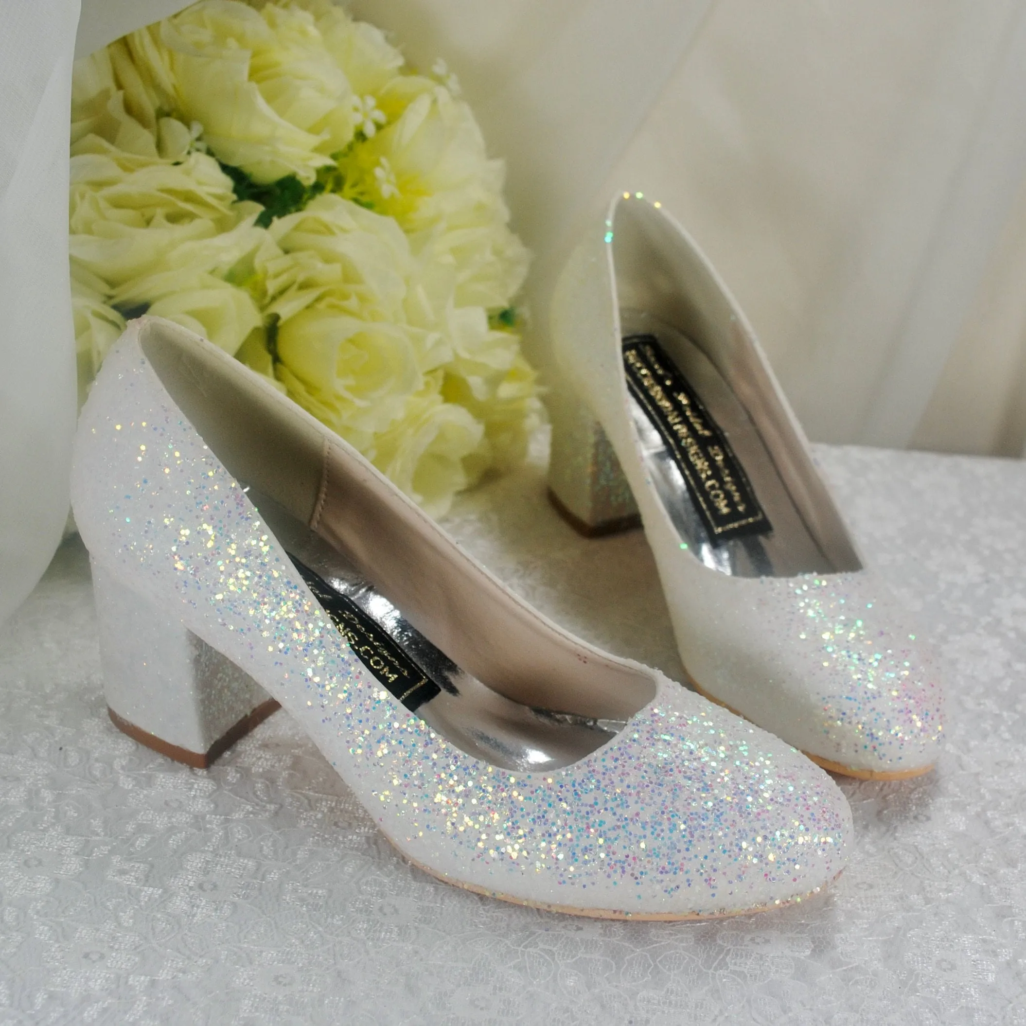White Sparkling Glitter Wedding Block Heels Bridal Shoes - Size UK5 / US7.5