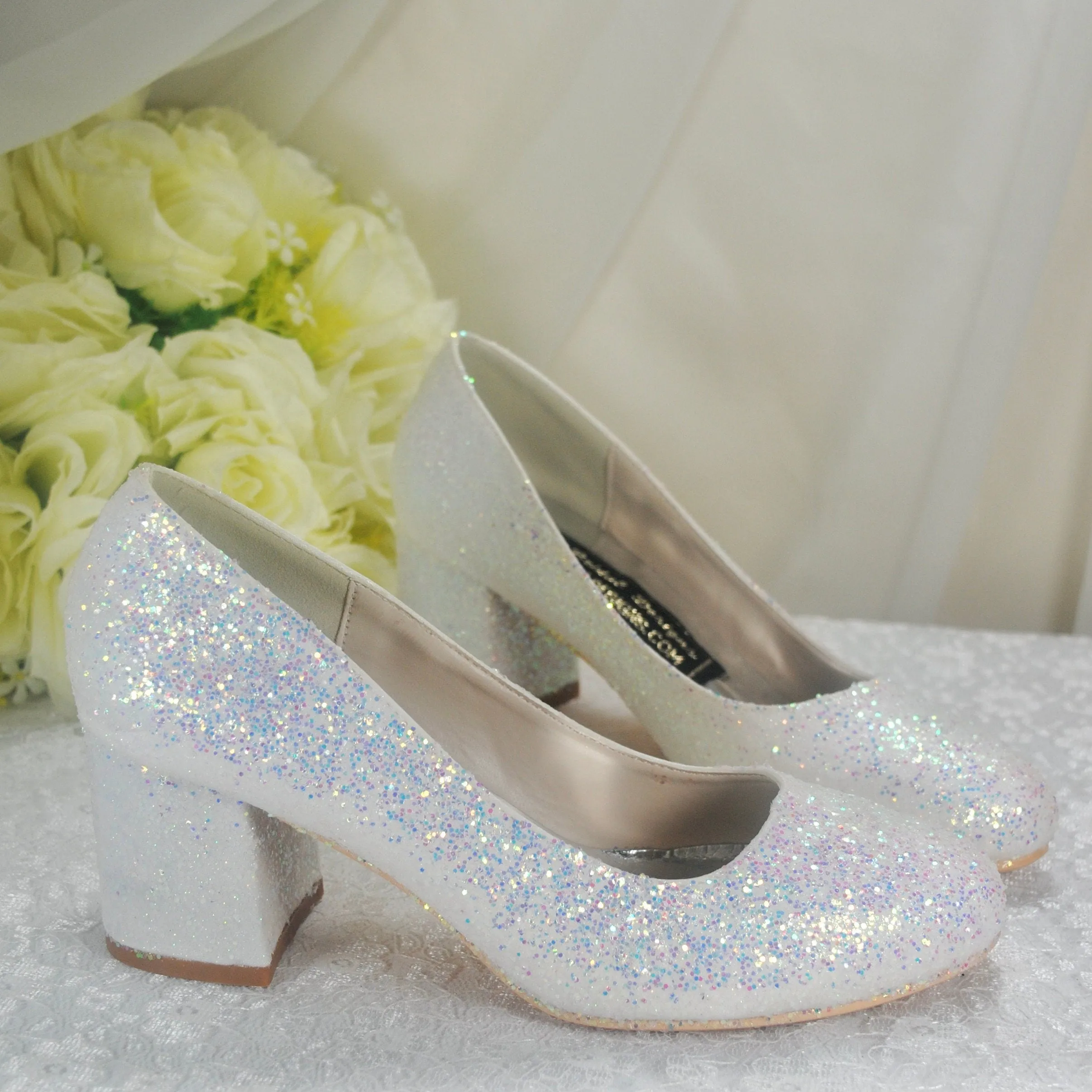 White Sparkling Glitter Wedding Block Heels Bridal Shoes - Size UK5 / US7.5