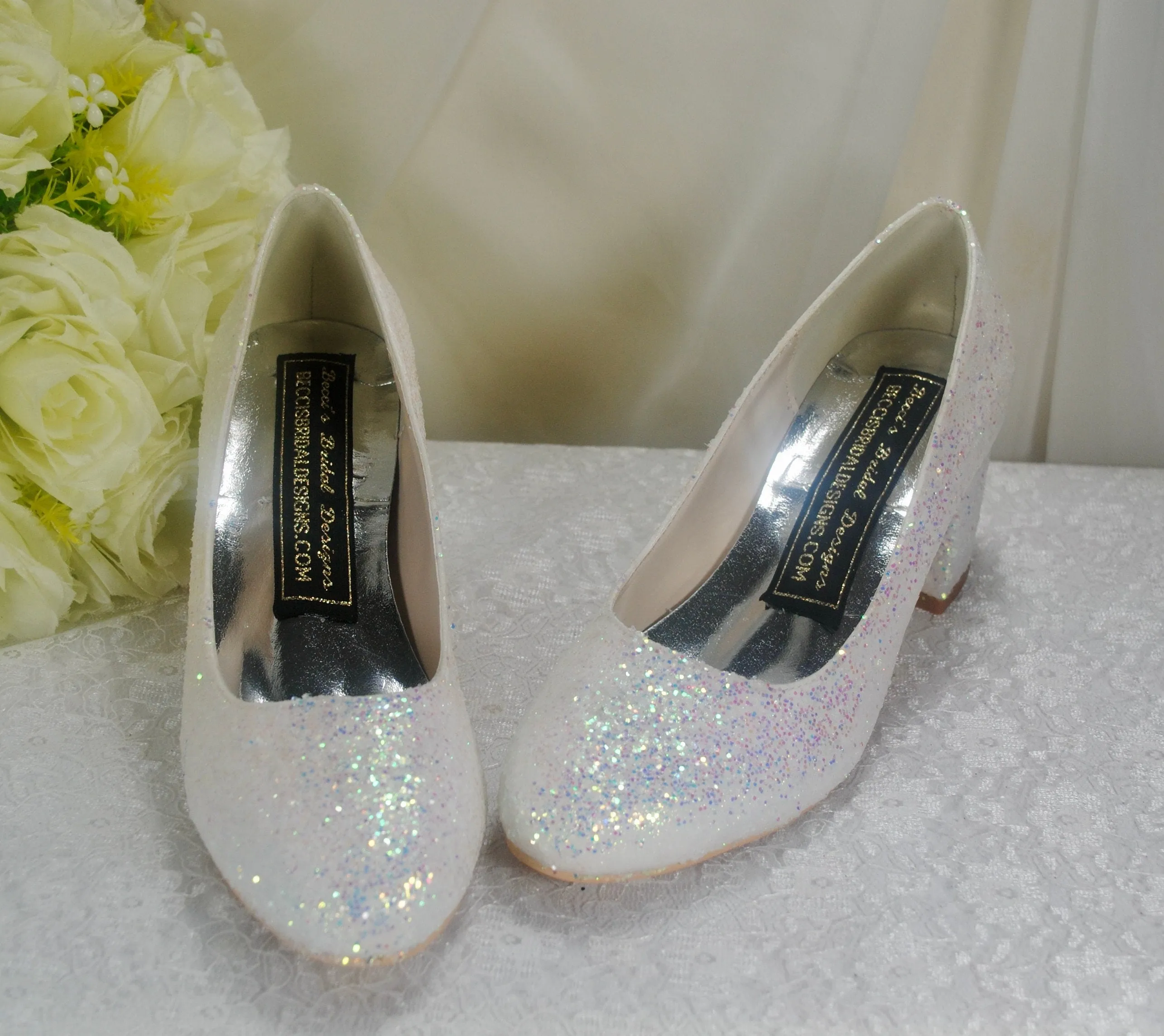 White Sparkling Glitter Wedding Block Heels Bridal Shoes - Size UK5 / US7.5