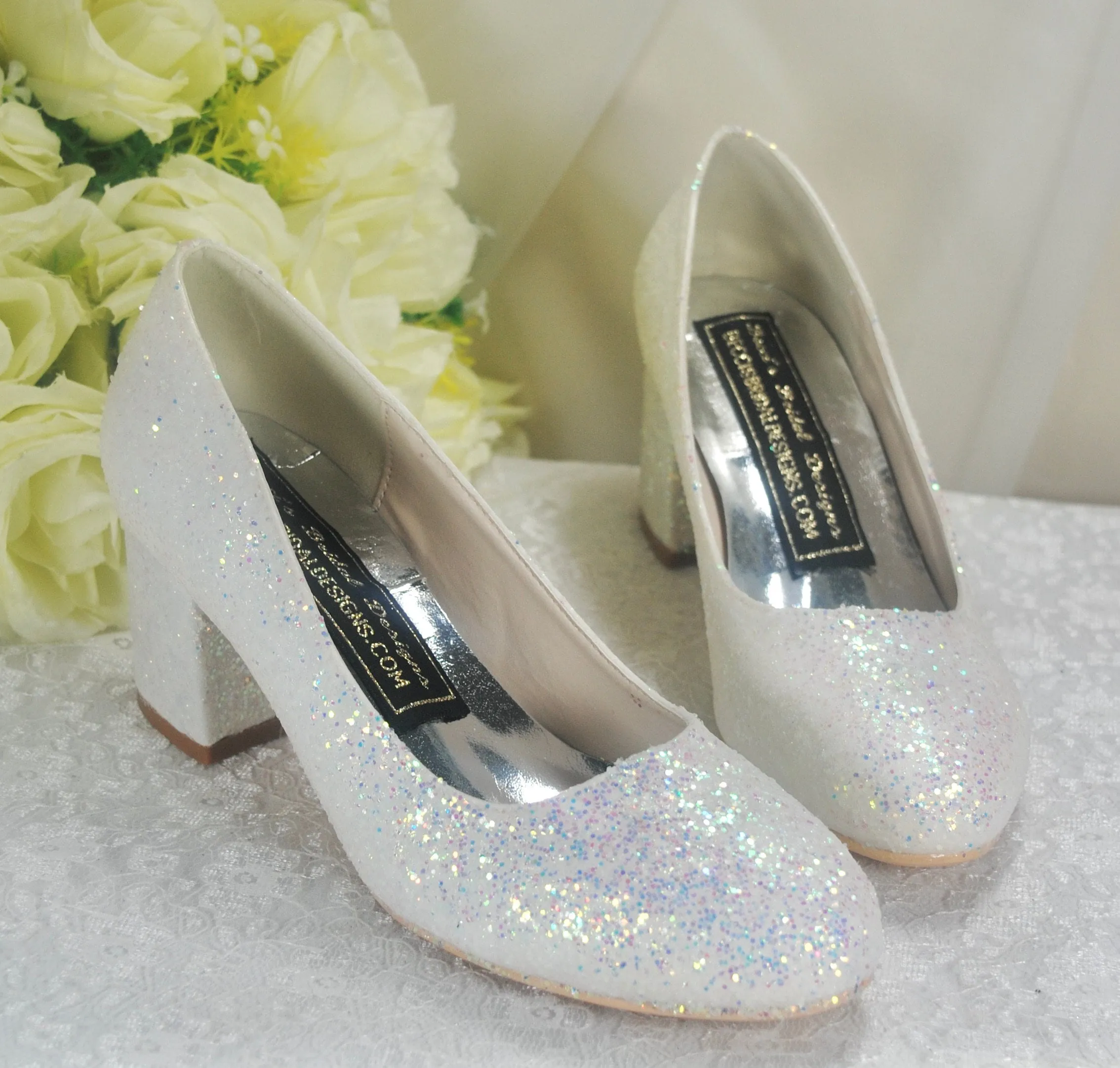 White Sparkling Glitter Wedding Block Heels Bridal Shoes - Size UK5 / US7.5