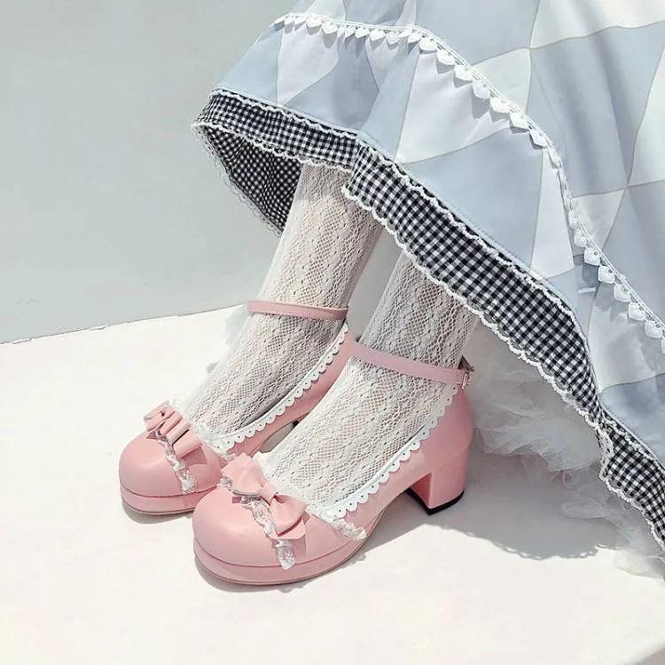Women Lace Bow Tie Shallow Ankle Strap Block Chunky Heel Platform Pumps